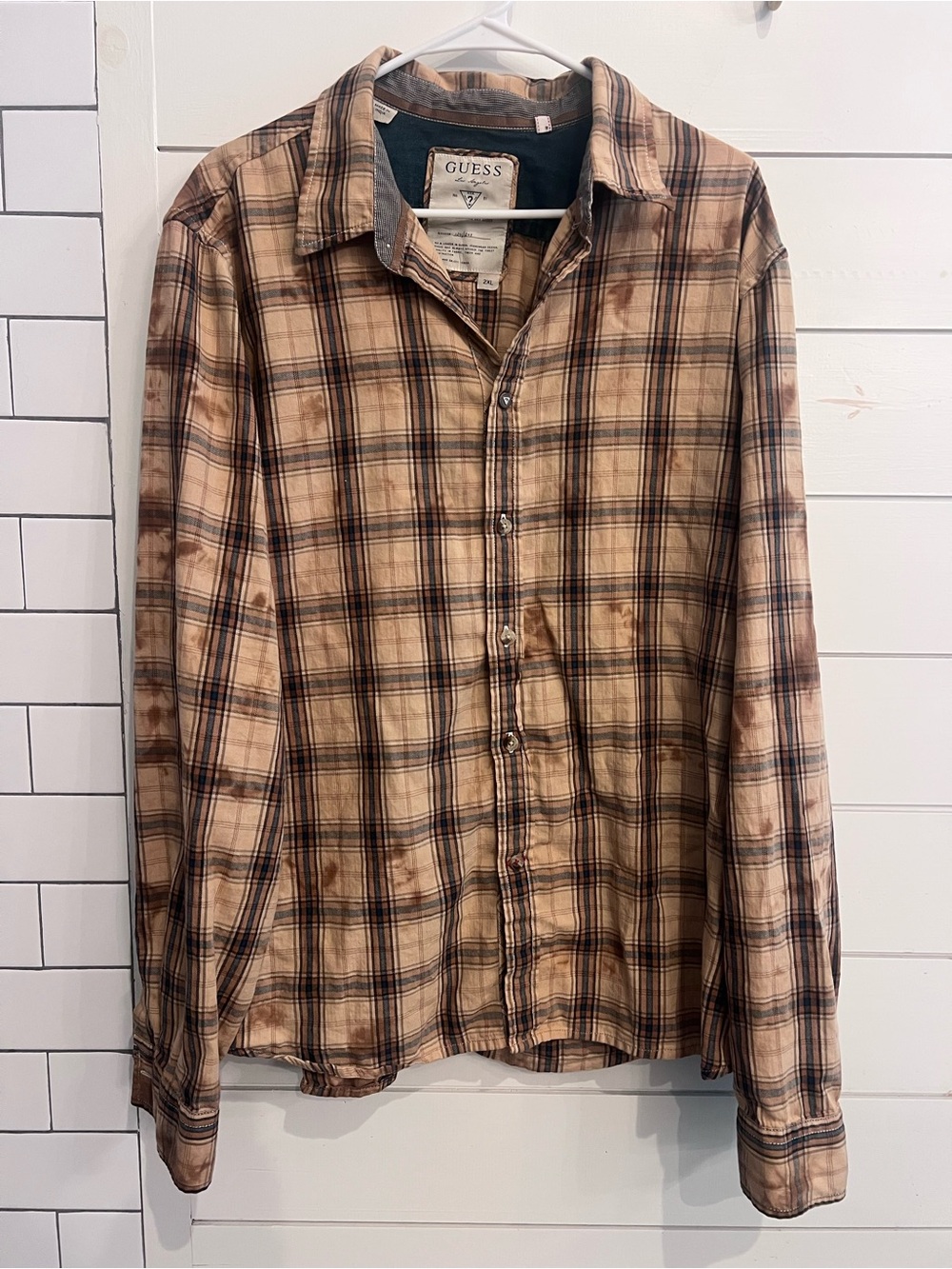 Vintage GUESS Men’s Brown Beige Plaid Button-Down Shirt